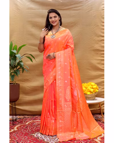 Kanchipuram Pure Silk Handloom Saree with Gold and Silver Jari Blouse Included-PCFsilverKeri-Orange