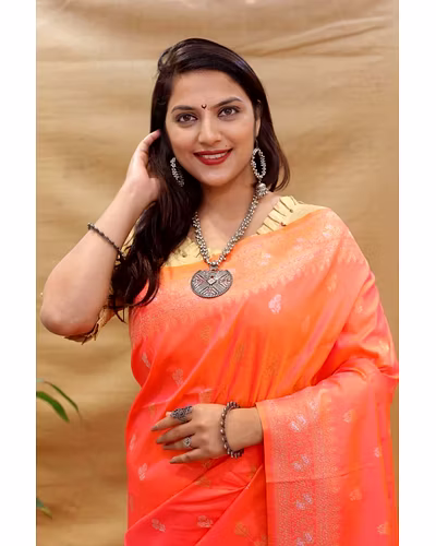 Kanchipuram Pure Silk Handloom Saree with Gold and Silver Jari Blouse Included-Orange-1