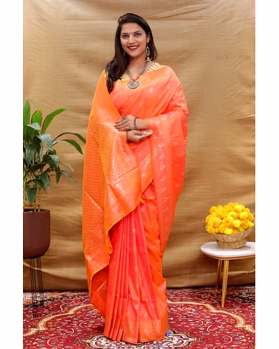 Kanchipuram Pure Silk Handloom Saree with Gold and Silver Jari Blouse Included-Orange-2
