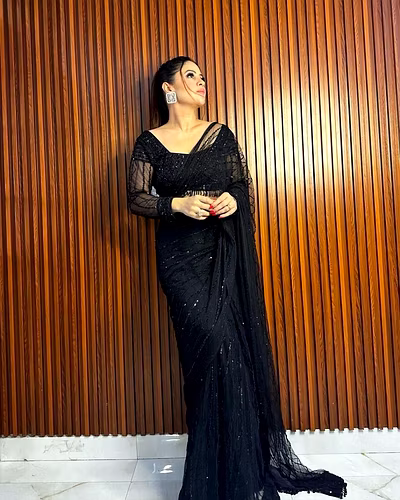 Designer Net Saree with Sequence Work &amp; Fancy Lace, Heavy Net Blouse-RKD442-Black
