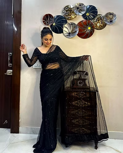 Designer Net Saree with Sequence Work &amp; Fancy Lace, Heavy Net Blouse-Black-1