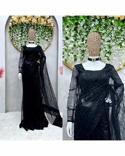 Designer Net Saree with Sequence Work &amp; Fancy Lace, Heavy Net Blouse-Black-2