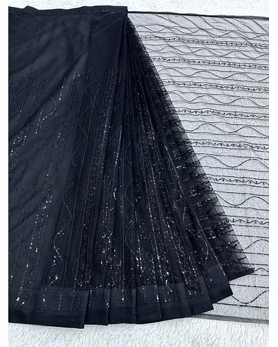 Designer Net Saree with Sequence Work &amp; Fancy Lace, Heavy Net Blouse-Black-4