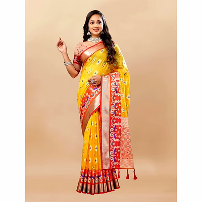 ynf soft organza silk saree with meenakari design, rich zari pallu, and contrast border