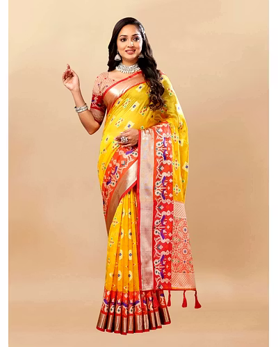 Soft Organza Silk Saree with Meenakari Design, Rich Zari Pallu, and Contrast Border-RMNX-287-Yellow
