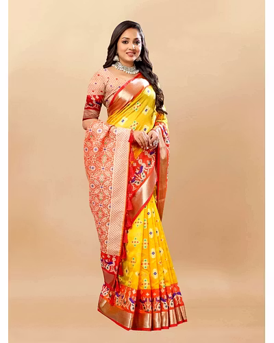 Soft Organza Silk Saree with Meenakari Design, Rich Zari Pallu, and Contrast Border-Yellow-1
