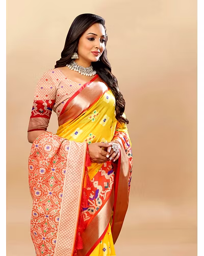 Soft Organza Silk Saree with Meenakari Design, Rich Zari Pallu, and Contrast Border-Yellow-3