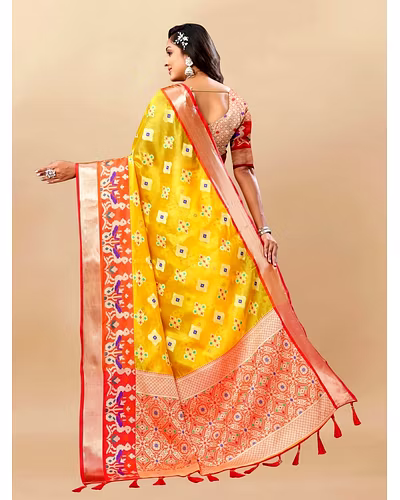Soft Organza Silk Saree with Meenakari Design, Rich Zari Pallu, and Contrast Border-Yellow-4