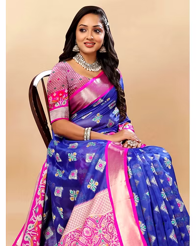 Soft Organza Silk Saree with Meenakari Design, Rich Zari Pallu, and Contrast Border-Blue-1