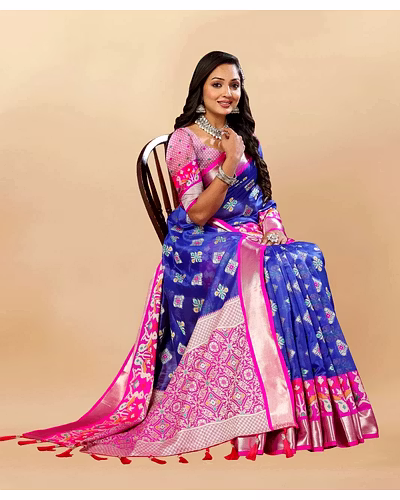 Soft Organza Silk Saree with Meenakari Design, Rich Zari Pallu, and Contrast Border-Blue-2