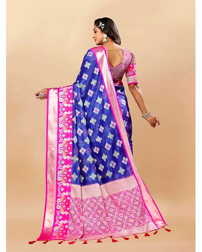 Soft Organza Silk Saree with Meenakari Design, Rich Zari Pallu, and Contrast Border-Blue-3