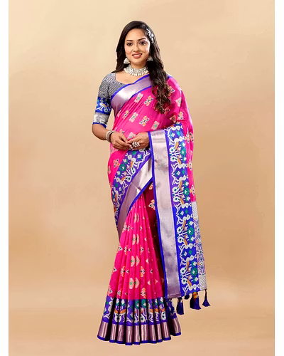 Soft Organza Silk Saree with Meenakari Design, Rich Zari Pallu, and Contrast Border-RMNX-287-Pink
