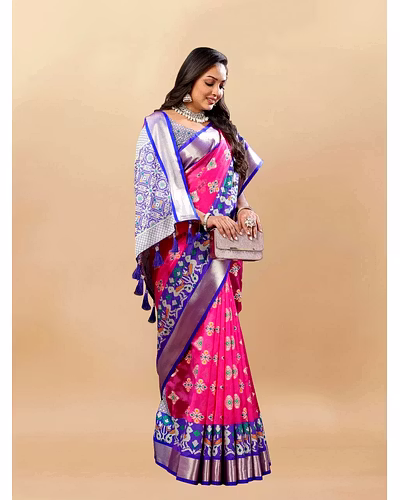 Soft Organza Silk Saree with Meenakari Design, Rich Zari Pallu, and Contrast Border-Pink-1