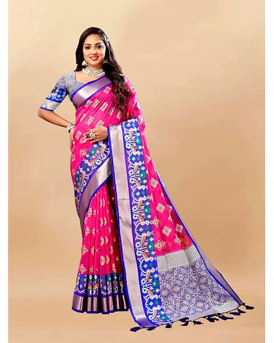 Soft Organza Silk Saree with Meenakari Design, Rich Zari Pallu, and Contrast Border-Pink-2