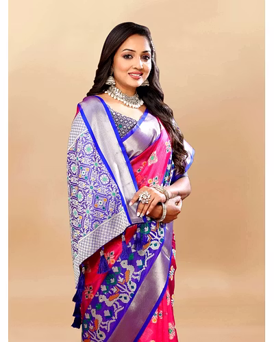 Soft Organza Silk Saree with Meenakari Design, Rich Zari Pallu, and Contrast Border-Pink-3