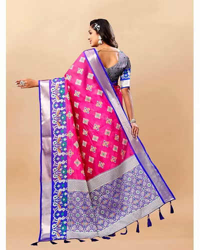 Soft Organza Silk Saree with Meenakari Design, Rich Zari Pallu, and Contrast Border-Pink-4