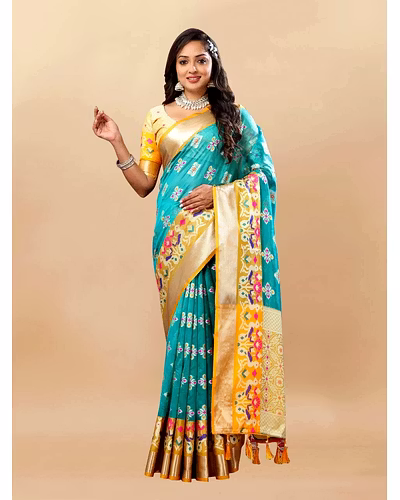 Soft Organza Silk Saree with Meenakari Design, Rich Zari Pallu, and Contrast Border-RMNX-287-Firozi
