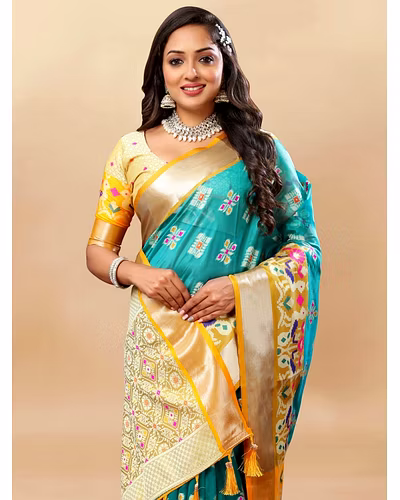 Soft Organza Silk Saree with Meenakari Design, Rich Zari Pallu, and Contrast Border-Firozi-1