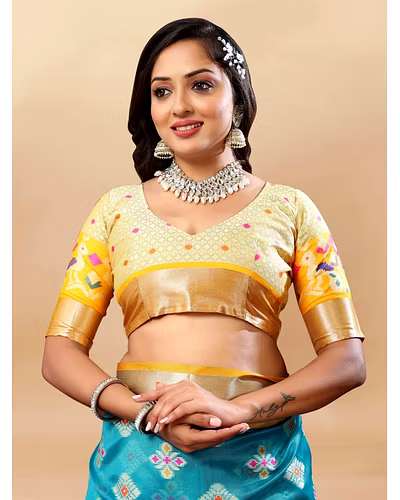 Soft Organza Silk Saree with Meenakari Design, Rich Zari Pallu, and Contrast Border-Firozi-2