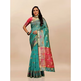 ynf soft organza silk saree with meenakari weaving, zari pallu, and silk blouse piece