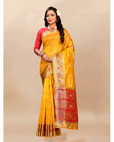 Soft Organza Silk Saree with Meenakari Weaving, Zari Pallu, and Silk Blouse Piece-RMNX-292-Yellow