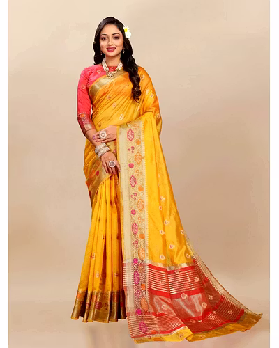 Soft Organza Silk Saree with Meenakari Weaving, Zari Pallu, and Silk Blouse Piece-Yellow-1