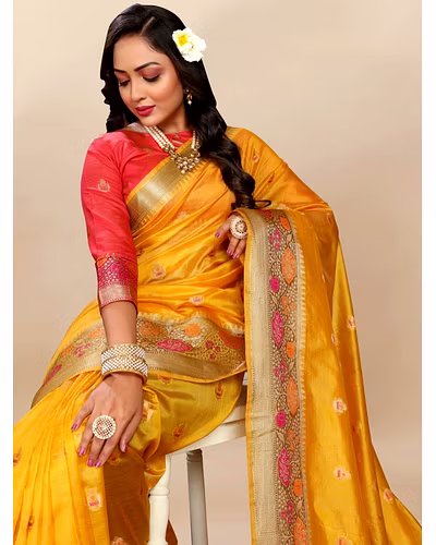 Soft Organza Silk Saree with Meenakari Weaving, Zari Pallu, and Silk Blouse Piece-Yellow-2