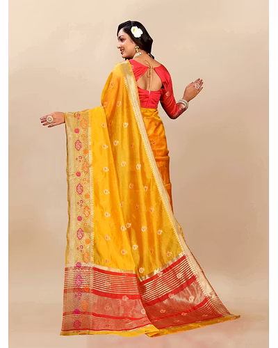 Soft Organza Silk Saree with Meenakari Weaving, Zari Pallu, and Silk Blouse Piece-Yellow-4
