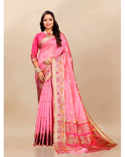 Soft Organza Silk Saree with Meenakari Weaving, Zari Pallu, and Silk Blouse Piece-RMNX-292-Pink