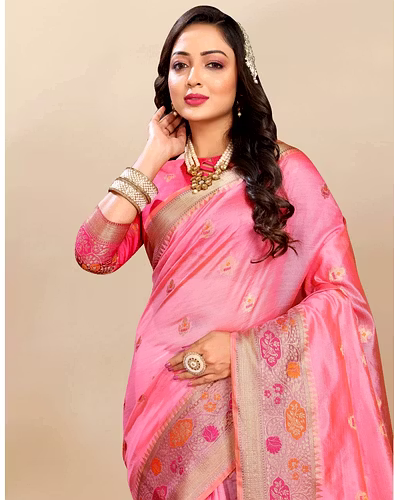 Soft Organza Silk Saree with Meenakari Weaving, Zari Pallu, and Silk Blouse Piece-Pink-2