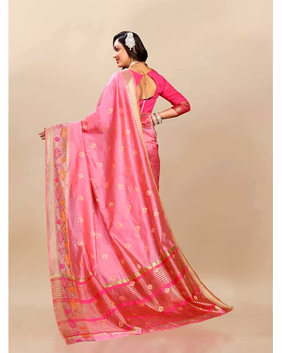 Soft Organza Silk Saree with Meenakari Weaving, Zari Pallu, and Silk Blouse Piece-Pink-3