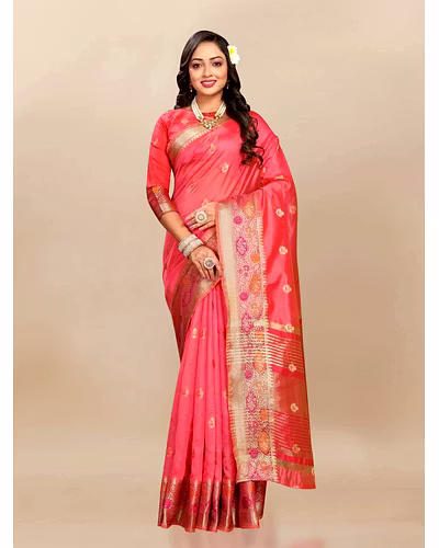 Soft Organza Silk Saree with Meenakari Weaving, Zari Pallu, and Silk Blouse Piece-RMNX-292-Red