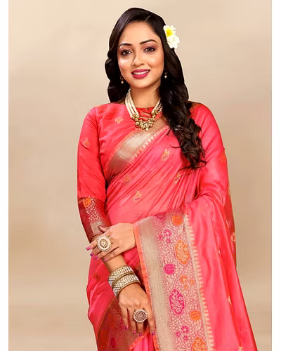 Soft Organza Silk Saree with Meenakari Weaving, Zari Pallu, and Silk Blouse Piece-Red-1