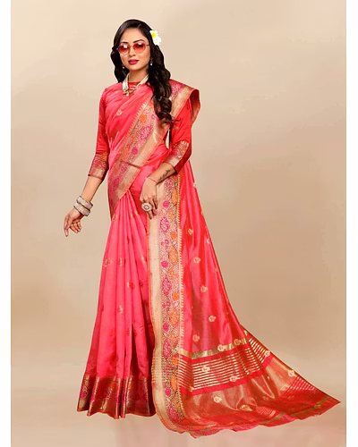 Soft Organza Silk Saree with Meenakari Weaving, Zari Pallu, and Silk Blouse Piece-Red-2