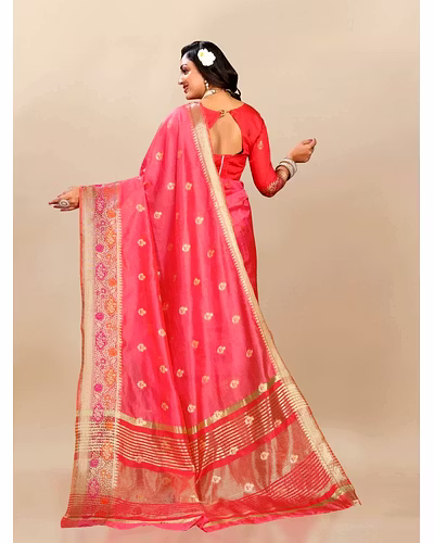 Soft Organza Silk Saree with Meenakari Weaving, Zari Pallu, and Silk Blouse Piece-Red-3