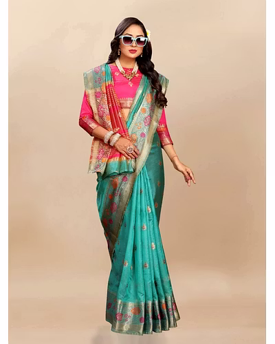 Soft Organza Silk Saree with Meenakari Weaving, Zari Pallu, and Silk Blouse Piece-RMNX-292-Rama
