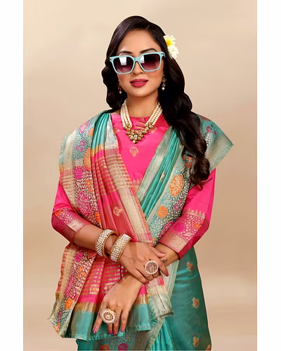 Soft Organza Silk Saree with Meenakari Weaving, Zari Pallu, and Silk Blouse Piece-Rama-1