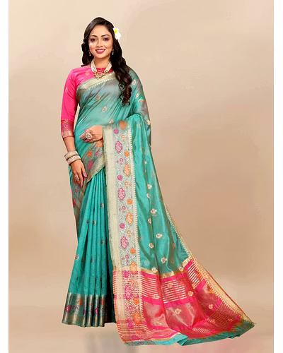 Soft Organza Silk Saree with Meenakari Weaving, Zari Pallu, and Silk Blouse Piece-Rama-2