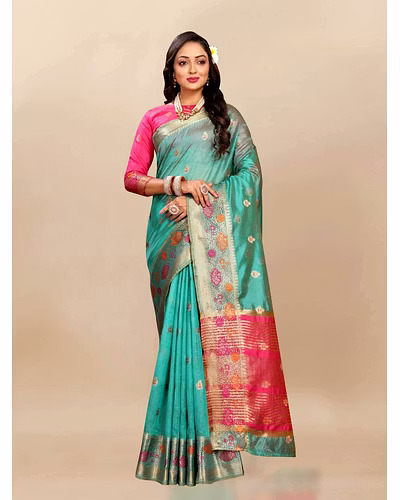 Soft Organza Silk Saree with Meenakari Weaving, Zari Pallu, and Silk Blouse Piece-Rama-3
