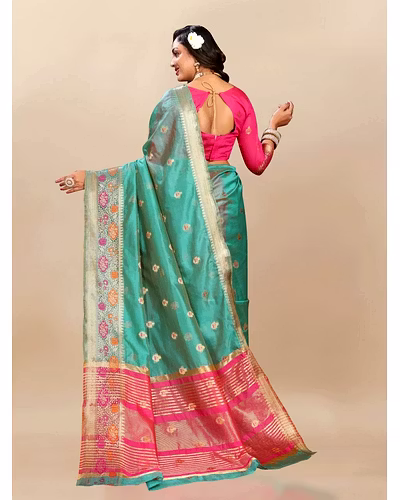 Soft Organza Silk Saree with Meenakari Weaving, Zari Pallu, and Silk Blouse Piece-Rama-4