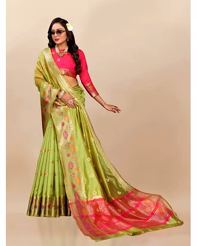 Soft Organza Silk Saree with Meenakari Weaving, Zari Pallu, and Silk Blouse Piece-RMNX-292-Pista