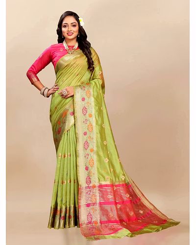 Soft Organza Silk Saree with Meenakari Weaving, Zari Pallu, and Silk Blouse Piece-Pista-1