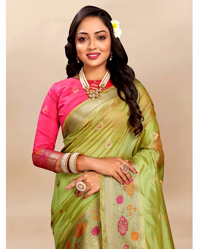 Soft Organza Silk Saree with Meenakari Weaving, Zari Pallu, and Silk Blouse Piece-Pista-2