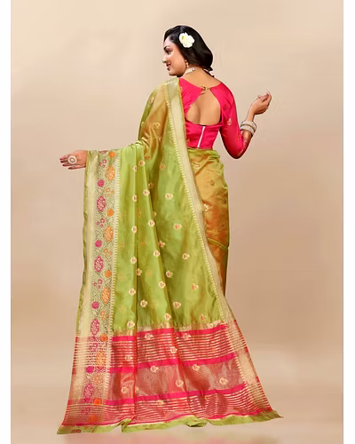 Soft Organza Silk Saree with Meenakari Weaving, Zari Pallu, and Silk Blouse Piece-Pista-3