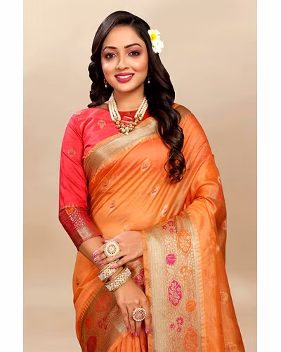 Soft Organza Silk Saree with Meenakari Weaving, Zari Pallu, and Silk Blouse Piece-Orange-1