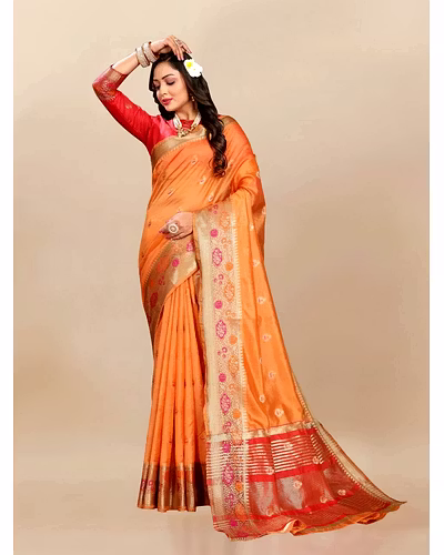 Soft Organza Silk Saree with Meenakari Weaving, Zari Pallu, and Silk Blouse Piece-Orange-3