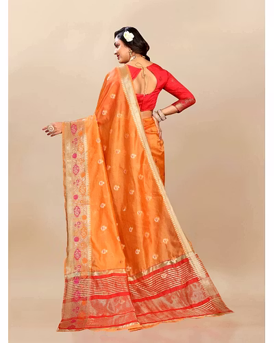 Soft Organza Silk Saree with Meenakari Weaving, Zari Pallu, and Silk Blouse Piece-Orange-4