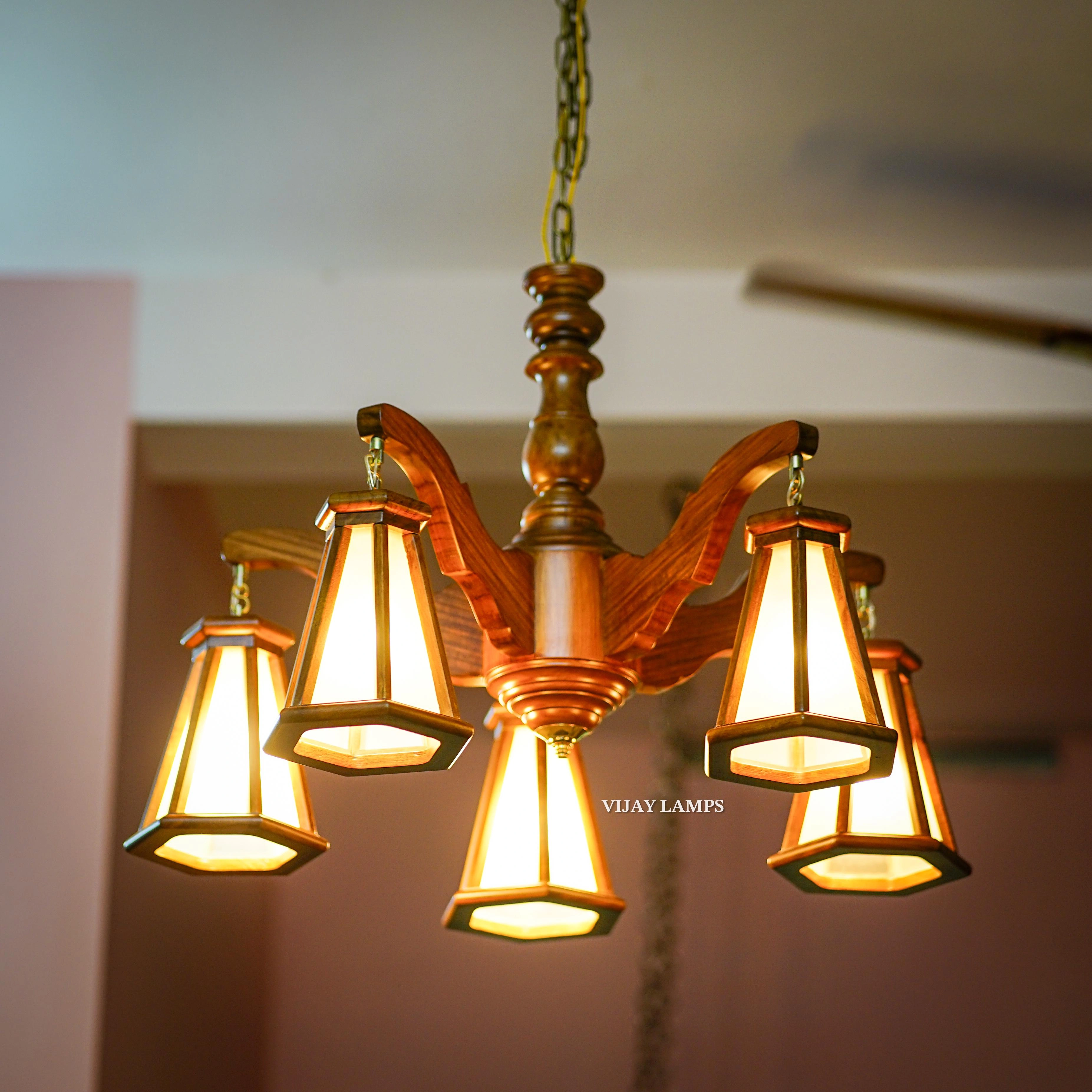 DING DONG 5 LIGHT WOODEN HANDICRAFTED TEAKWOOD CHANDELIER-8