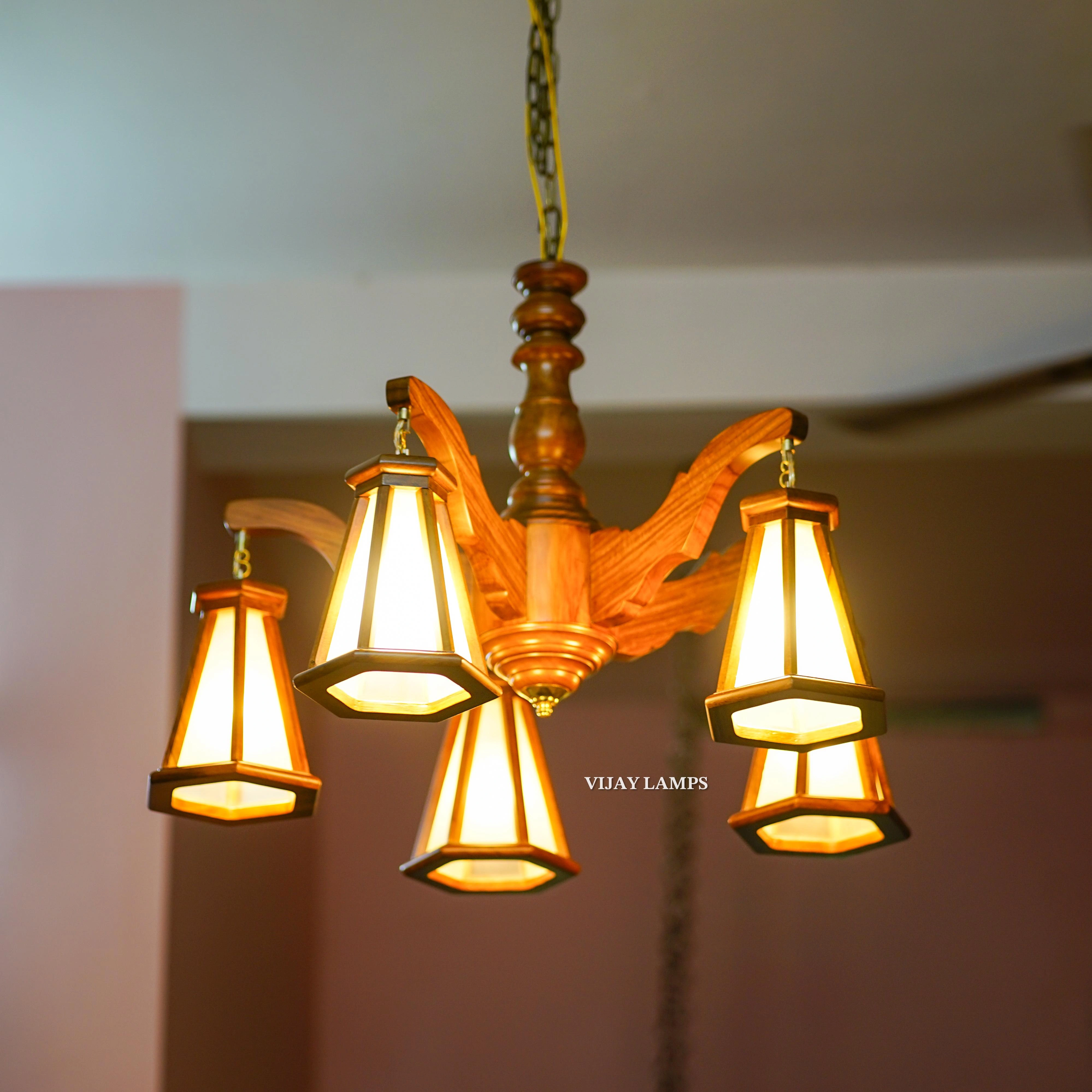 DING DONG 5 LIGHT WOODEN HANDICRAFTED TEAKWOOD CHANDELIER-10