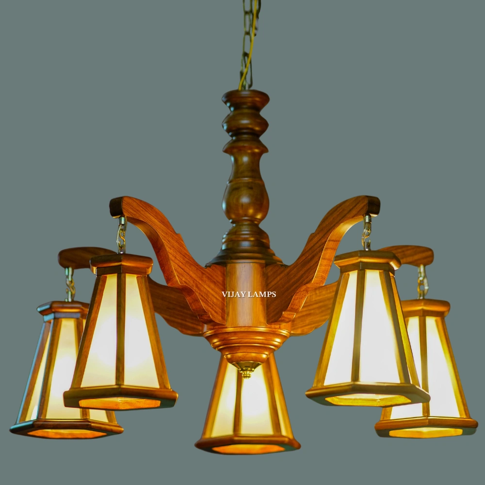 DING DONG 5 LIGHT WOODEN HANDICRAFTED TEAKWOOD CHANDELIER-5